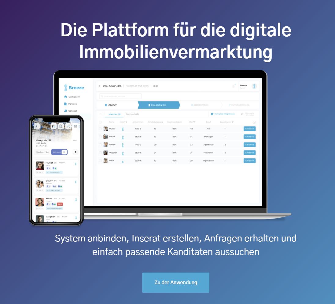 Screens of the Breeze matching platform ui